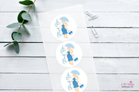 Thank You Baby Shower Stickers, Blue Pregnant Girl with Umbrella, Goodie Bag Stickers, It's a Boy Decor