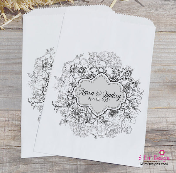 Black and White Wedding Candy Bags, Black and White Flowers Engagement Party Favor Bags, Black and White Floral Candy Bar Bags