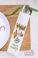 Happy Holidays Ornaments Silverware Bags, Christmas Utensil Holders, Christmas Flatware Bags, Christmas Silverware Pouches