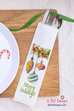 Happy Holidays Ornaments Silverware Bags, Christmas Utensil Holders, Christmas Flatware Bags, Christmas Silverware Pouches
