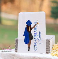 Graduation Congratulations Girl Class of 2025 Personalized Favor Bags for Popcorn or Candy Bars Customized Hair, Cap and Skin Color