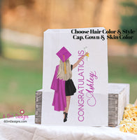 Graduation Congratulations Girl Class of 2025 Personalized Favor Bags for Popcorn or Candy Bars Customized Hair, Cap and Skin Color