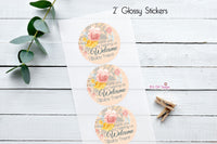 Welcome Baby Floral Wood 2" Sticker, Cookie Bag Label for Baby Shower, Personalized Sticker