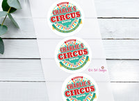 Circus Birthday Sticker Red and Turquoise Green Circus Stickers 2" Gloss Sticker, Label for Circus Birthday or Baby Shower