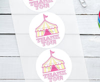 Circus Tent Thank You Stickers Thank You Bag Seals Circus Theme, Pink Tent Stickers
