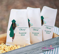 Graduation Girl with Flowers Class of 2025 Personalized Favor Bags for Popcorn or Candy Bars Customized Hair, Robes Skin Color