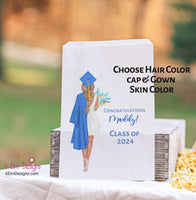 Graduation Girl with Flowers Class of 2025 Personalized Favor Bags for Popcorn or Candy Bars Customized Hair, Robes Skin Color