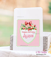 Strawberry Personalized Candy Party Favor Bags - Perfect for Birthdays - Pink Gingham and Light Green Watercolor Design