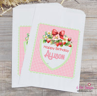 Strawberry Personalized Candy Party Favor Bags - Perfect for Birthdays - Pink Gingham and Light Green Watercolor Design