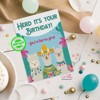 Digital Birthday Card - Instant Print At Home Card for Llamas Birthday Party Card