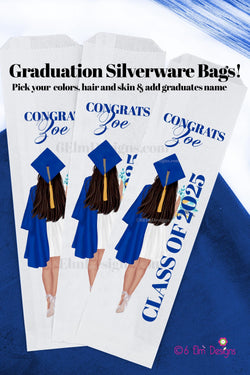 Class of 2025 Girl Graduation Party Silverware Utensil Flatware Bags Pouches, Custom Colors names and skintone