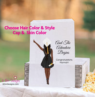 And The Adventure Begins, Girl Class of 2025 Personalized Favor Bags for Popcorn or Candy Bars Customized Hair, Cap and Skin Color