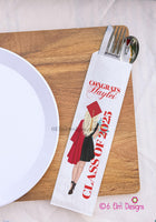 Class of 2025 Graduation Silverware Bags Pouches, Graduation Silverware Wrapper Custom Colors names and Blonde Girl Black Dress