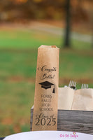 Class of 2025 Bold Graduation Party Silverware Utensil Flatware Bags Pouches, School Name and Graduates Name Kraft Paper