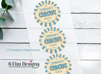 Blue Vintage Circus Stickers 2" Gloss Sticker, Label for Circus Birthday or Baby Shower, Personalized Sticker