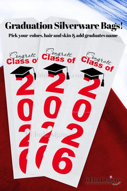 Class of 2025 Graduation Party Silverware Utensil Flatware Bags Pouches, Custom Colors