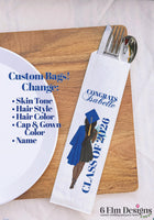 Class of 2025 African American Girl Black Dress Graduation Party Silverware Utensil Flatware Bags Pouches, Custom Colors names and Skintone