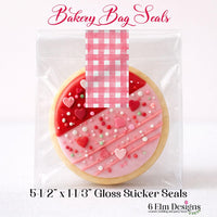 Valentines Sticker Strips: Pink Gingham Cookie & Treat Box Seals - 10 Pack Bakery Box Stickers - Cake Pop Seals