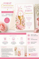 First Communion Card for Girl Printable 5x7, Blue Gold Religious Card, Catholic First Communion Digital Download, Eucharist Chalice Card