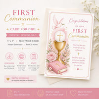 First Communion Card for Girl Printable 5x7, Blue Gold Religious Card, Catholic First Communion Digital Download, Eucharist Chalice Card