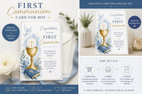First Communion Card for Boy Printable 5x7, Blue Gold Religious Card, Catholic First Communion Digital Download, Eucharist Chalice Card