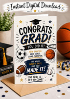 Graduation Sports Lover Card Congrats Printable 5x7, Fun Graduation Card, Digital Download, Printable Greeting Card