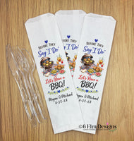 I Do BBQ White Bags with Wedding or Engagement Party Silverware Utensil Flatware Bags