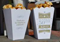 50th Wedding Golden Anniversary Party Popcorn Bar Boxes with Names and Date