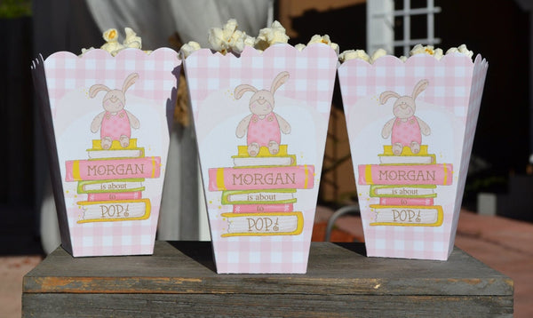Bunny About to Pop Popcorn Boxes for Baby Girl, Gingham with Books Popcorn Box Baby Shower Favor, Popcorn Bar, Baby Girl Favor