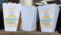 Bunny About to Pop Popcorn Boxes for Baby Boy, Gingham with Books Popcorn Box Baby Shower Favor, Popcorn Bar, Baby Boy Favor