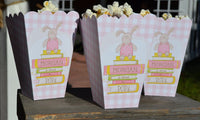 Bunny About to Pop Popcorn Boxes for Baby Girl, Gingham with Books Popcorn Box Baby Shower Favor, Popcorn Bar, Baby Girl Favor