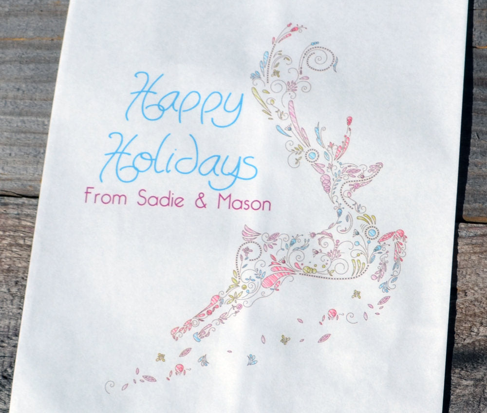 Elegant Deer Personalized Goodie Paper Bags | Christmas Candy Bags | Smores Kits | Cookie Bags | Reindeer Treat Bags | Pastel Favor Bag