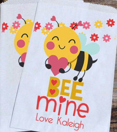 Bumble Bee Mine Valentines Day Personalized Goodie Bags | Valentine's Day Party Favors | Valentines Favor Bags | Paper Bags | Bee Bags