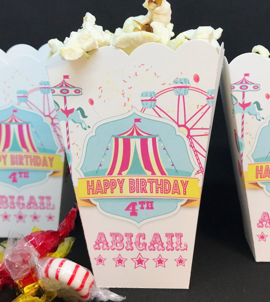 Circus Popcorn Boxes | Carnival Birthday Party | Carnival Popcorn Boxes | Favor Boxes | Girls Circus Birthday | Pink Circus Tent | Bar