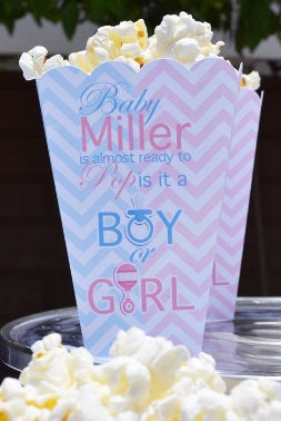 Gender Reveal Party Popcorn Boxes, Baby Sex Unknown Shower, Popcorn Box Favors, Popcorn Bar, Candy Bar, Pink and Blue Boxes, Boy or Girl