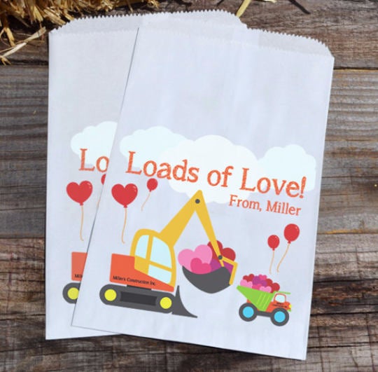 Construction Personalized Goodie Bags Valentines Day | Backhoe Bags | Boys Party Favors | Valentines Treat Bags | Custom Valentines Bags
