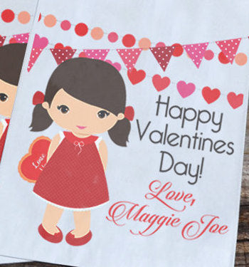 Little Girl Personalized Valentines Day Goodie Bags | Valentine Girl Party Favors | Valentines Party Bags | Happy Valentines Day Paper Bags