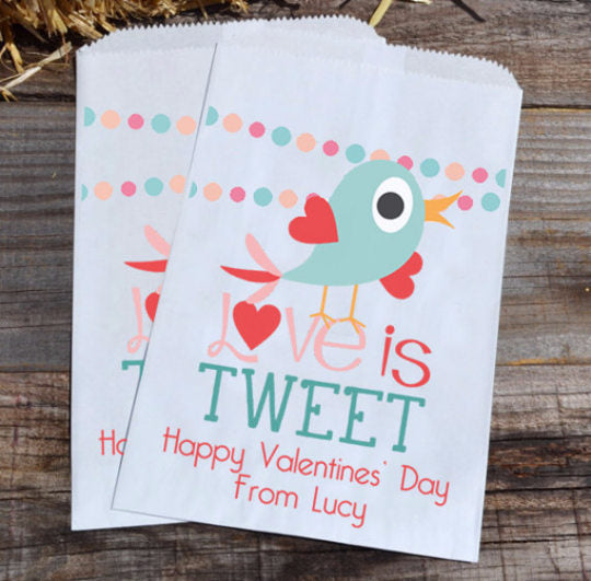 Birdie Love is Tweet Valentines Day Personalized Goodie Bags | Valentine's Day Party Favors Bags | Bird Valentine Goody Bags | Paper Bags
