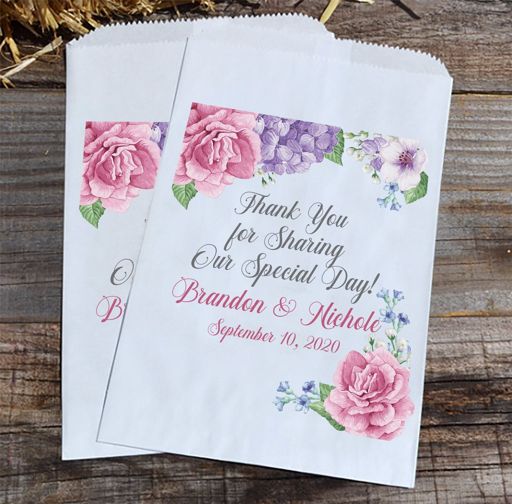 Floral Personalized Wedding Favor Bags - Romantic Wedding Candy Bar - Roses Hydrangea Flower Favor Bags for Spring Weddings