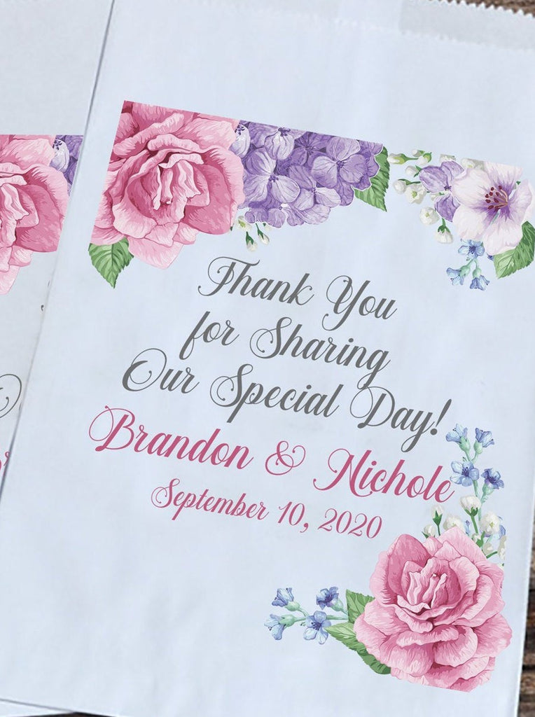 Floral Personalized Wedding Favor Bags - Romantic Wedding Candy Bar - Roses Hydrangea Flower Favor Bags for Spring Weddings