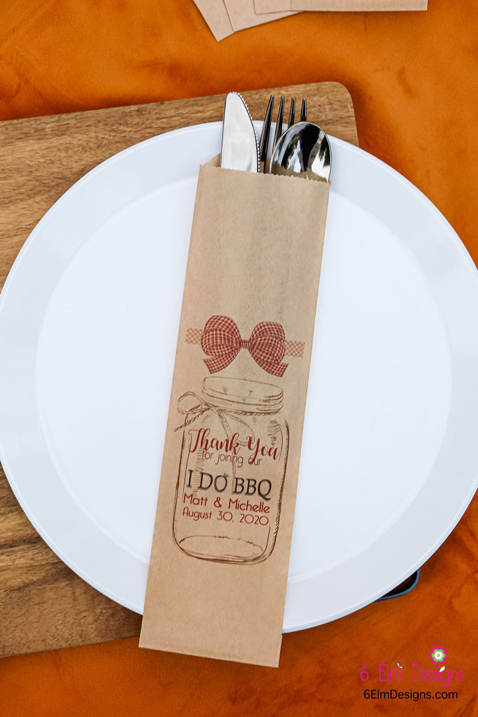 I Do BBQ Kraft with Red Check Ribbon Wedding or Engagement Party Silverware Utensil Flatware Bags