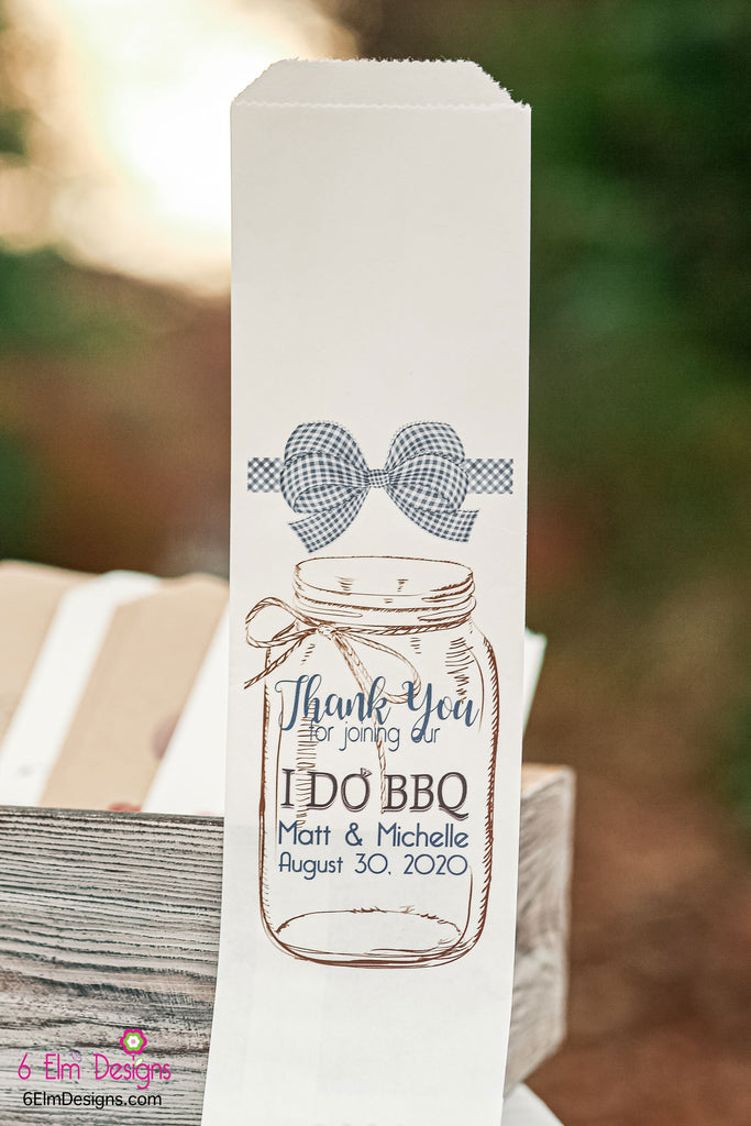 I Do BBQ White Bags with Blue Check Ribbon Wedding or Engagement Party Silverware Utensil Flatware Bags