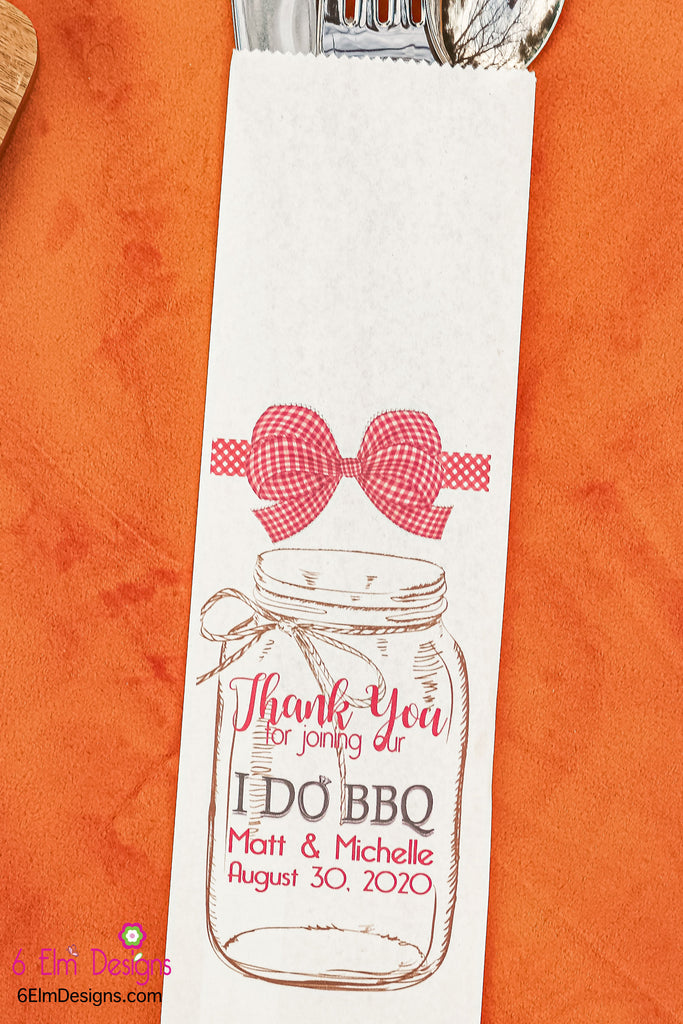 I Do BBQ White Bags with Red Check Ribbon Wedding or Engagement Party Silverware Utensil Flatware Bags