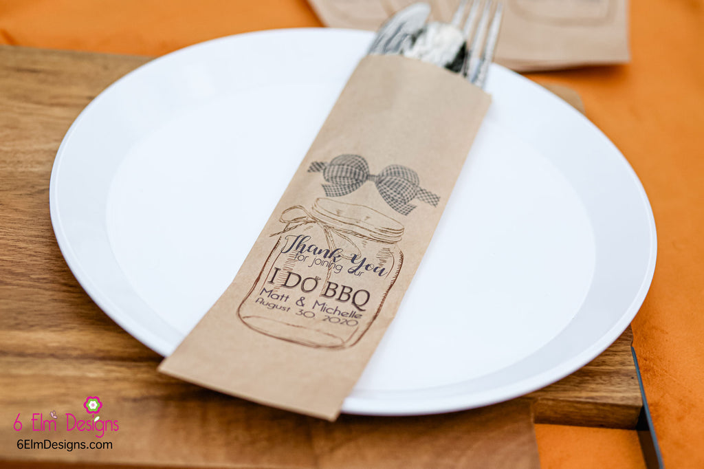 I Do BBQ Kraft with Blue Ribbon Wedding or Engagement Party Silverware Utensil Flatware Bags