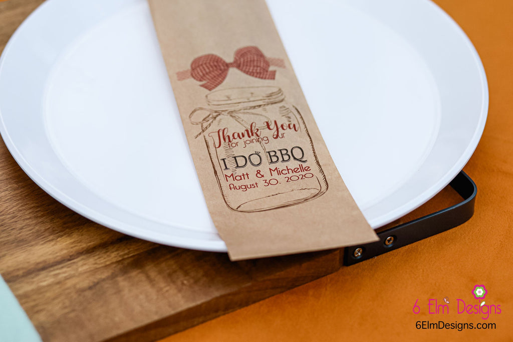 I Do BBQ Kraft with Red Check Ribbon Wedding or Engagement Party Silverware Utensil Flatware Bags