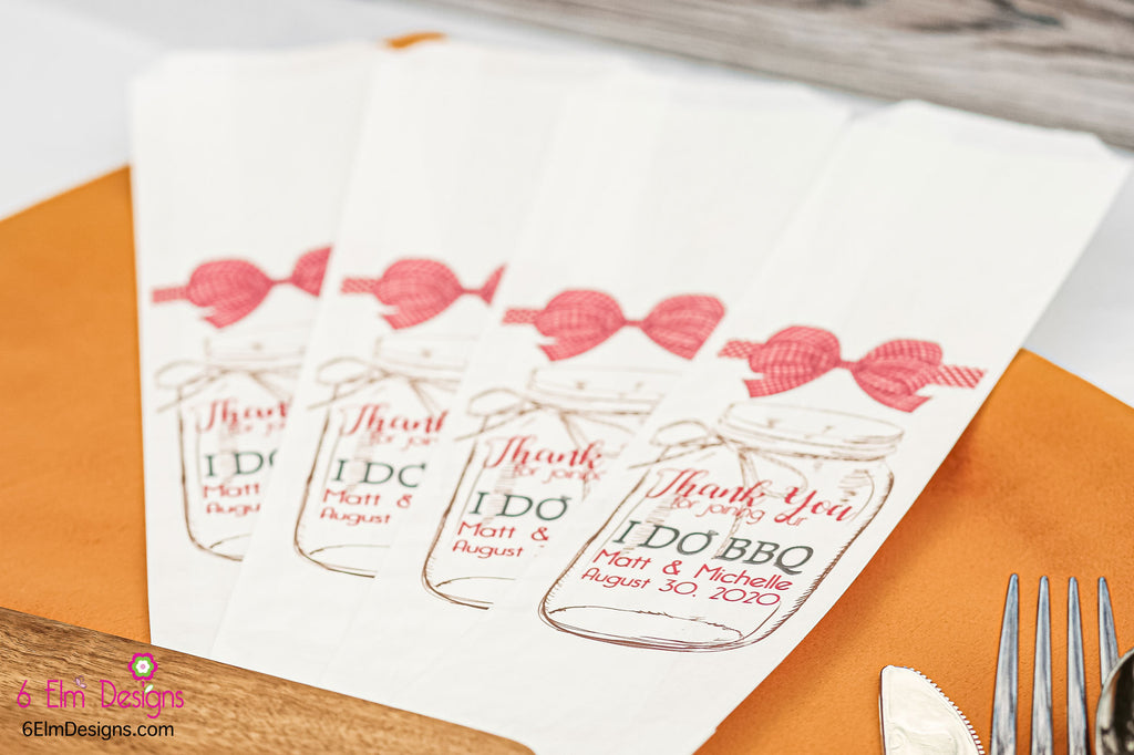 I Do BBQ White Bags with Red Check Ribbon Wedding or Engagement Party Silverware Utensil Flatware Bags