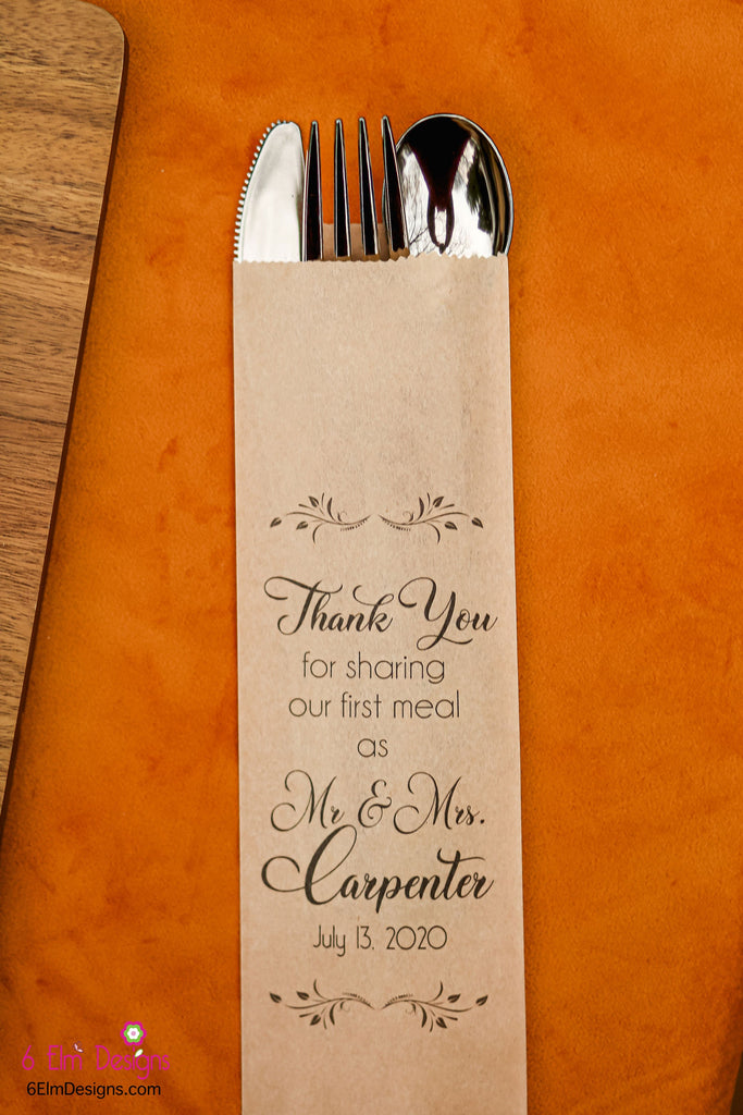 Thank You for Sharing Our First Meal Together Wedding Silverware Utensil Flatware Bags