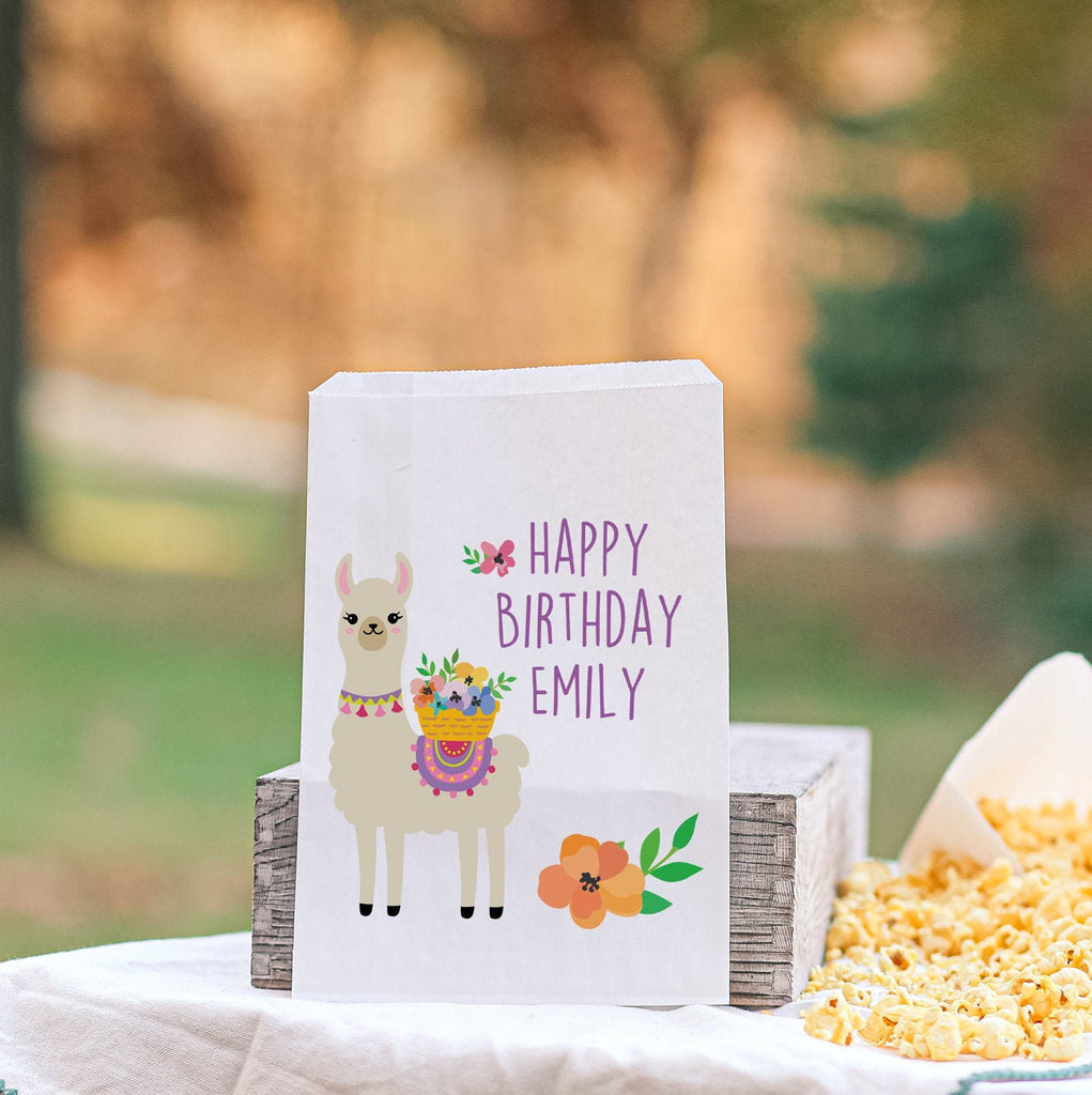 Llama Birthday Theme Favor Bags Red with Flowers