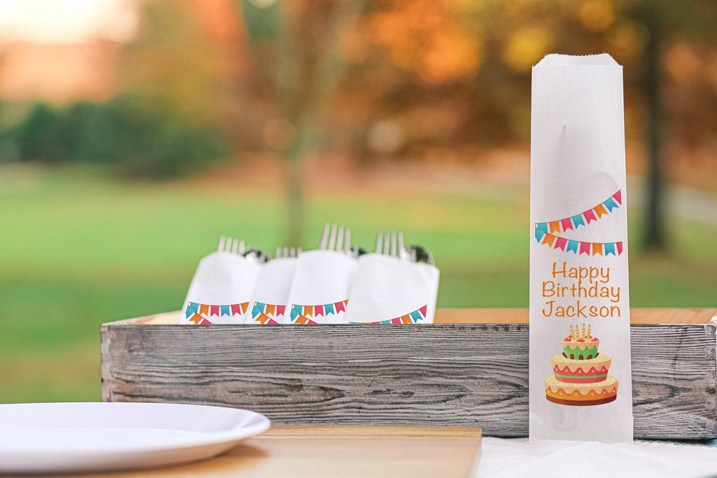 Happy Birthday Cake and Banners Silverware Bags Utensil Flatware Bags