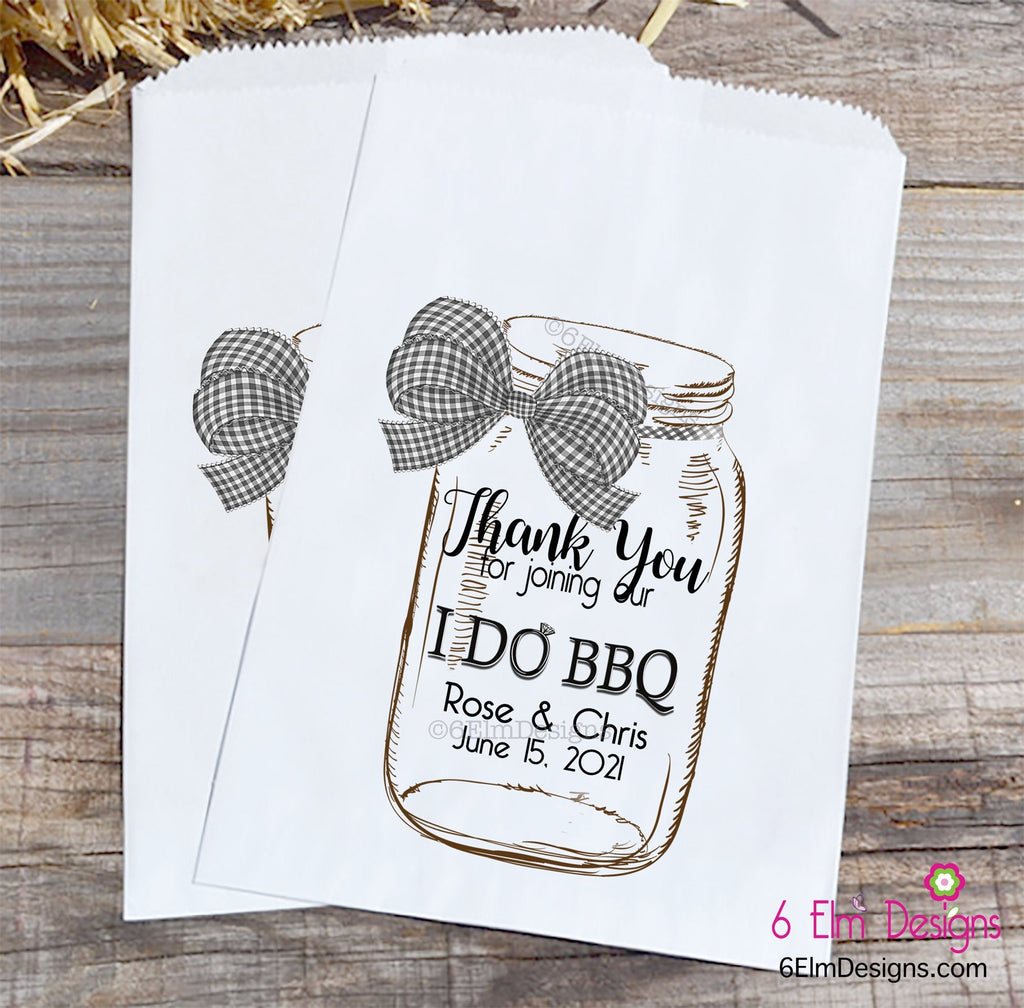 I Do BBQ Personalized Wedding Favor Bags - Country Wedding Candy Bar - Black Gingham Bow Mason Jar Favor Bags for Weddings
